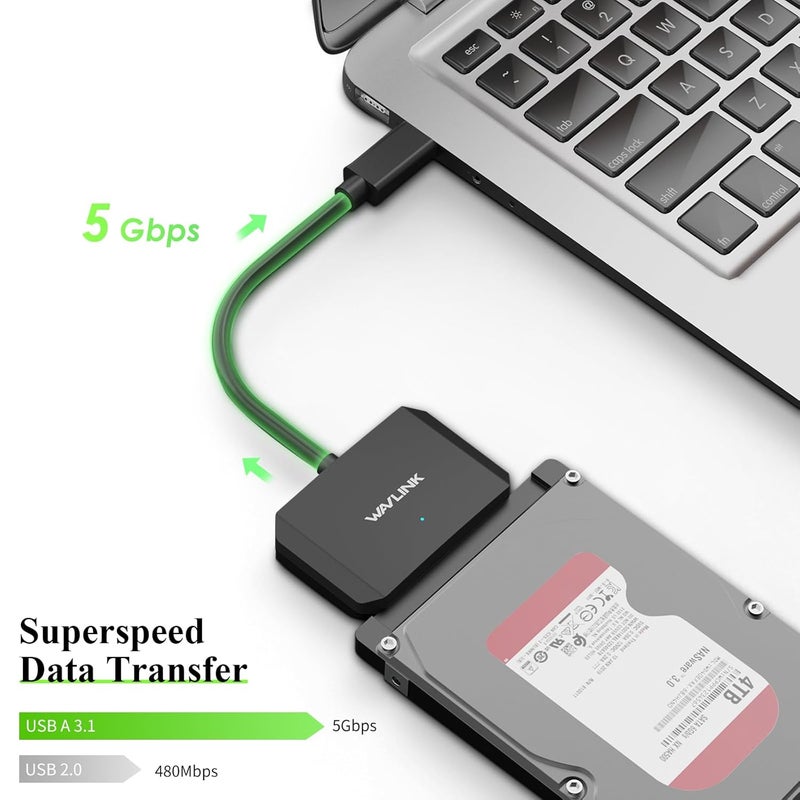 WAVLINK SATA to USB Type-A Hard Drive Cable, 5Gbps USB3.0, Supports UASP, External Hard Drive SATA I/II/III Connector, 2.5" SSD/HDD and 3.5" HDD up to 20TB, Power Adapter Included - Image 3